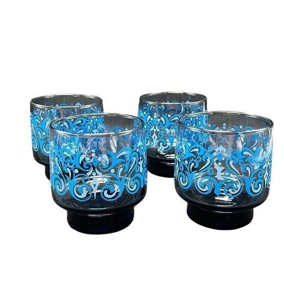Libbey Glasses Lowball Set of Four Blue Footed Scrolled Pattern Vintage MCM - Picture 1 of 8